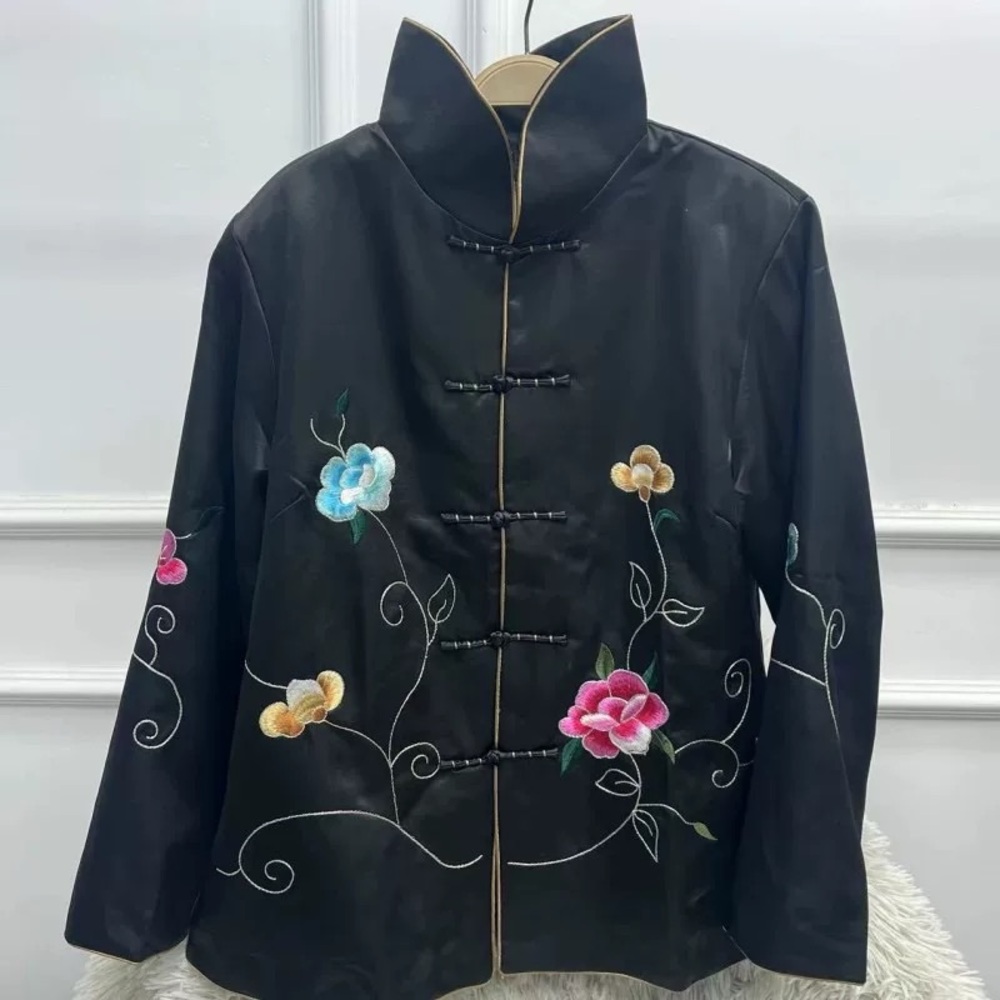 Women's Black Embroidered Mandarin Collar Jacket